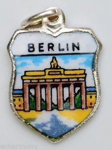 Berlin Germany - Brandenburg Gate - Vintage Silver Enamel Travel Shield Charm